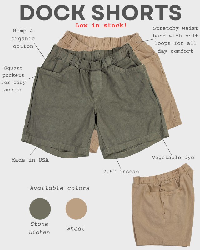 Don’t miss our Men’s Dock Shorts! Already sold out of some sizes and we won’t be restocking these vegetable dye colors in the future, so check them out before they’re gone🍃配图