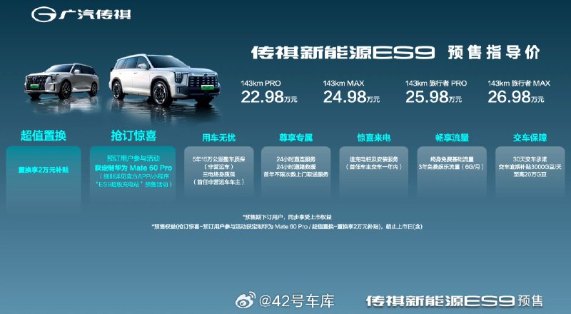 廣汽傳祺 ES9 剛剛開啓預售，22.98 萬元 - 26.98 萬元，共有 4 款車型，都是插電式混合動力。配圖