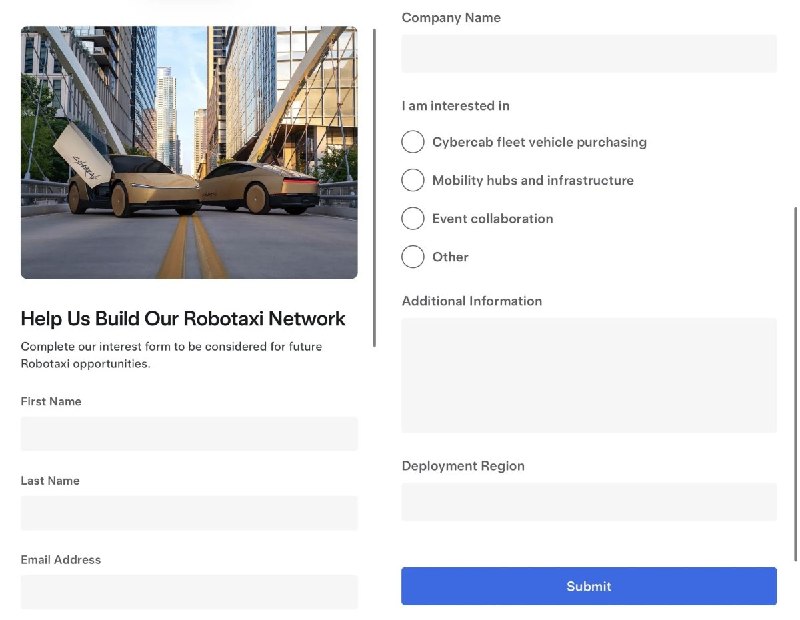 特斯拉上线 Cybercab 车队购买意向表，面向企业客户配图
