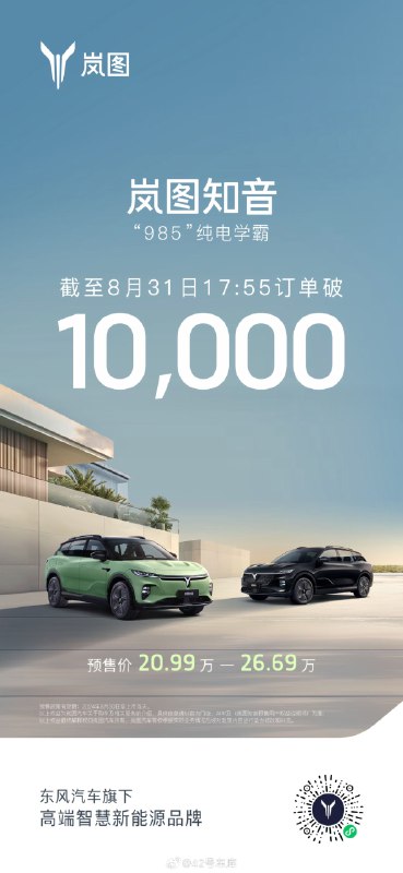 岚图也公布了知音预售订单量，到今天下午订单突破 10,000 辆，大家觉得这个成绩如何？配图